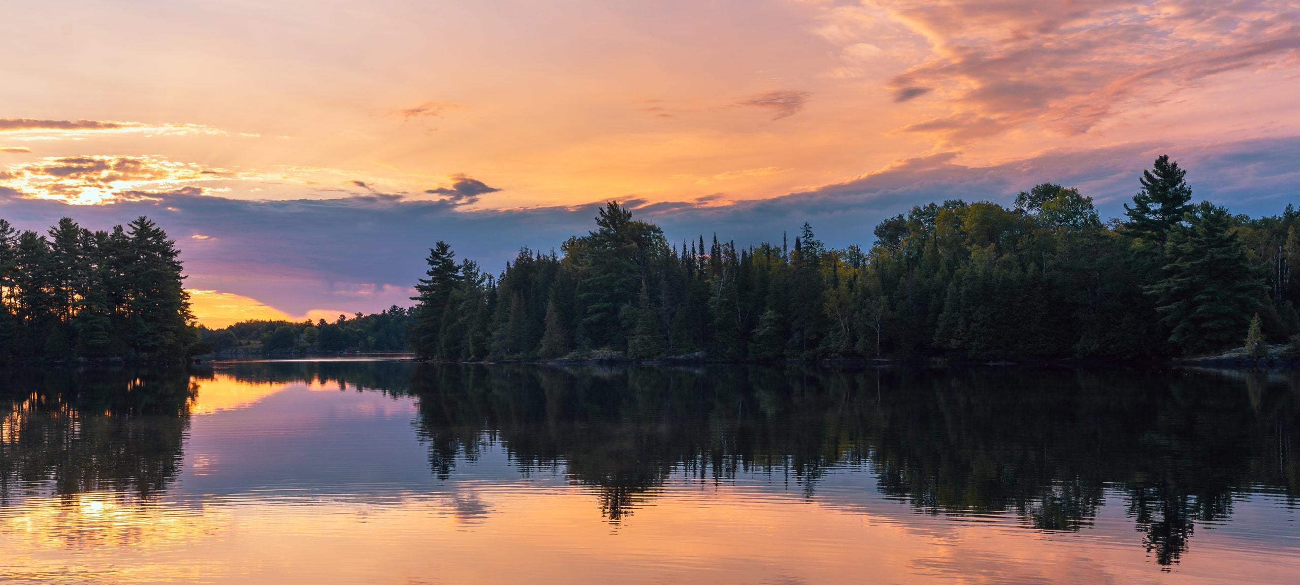 Pink sunset over forest and Muskoka lake